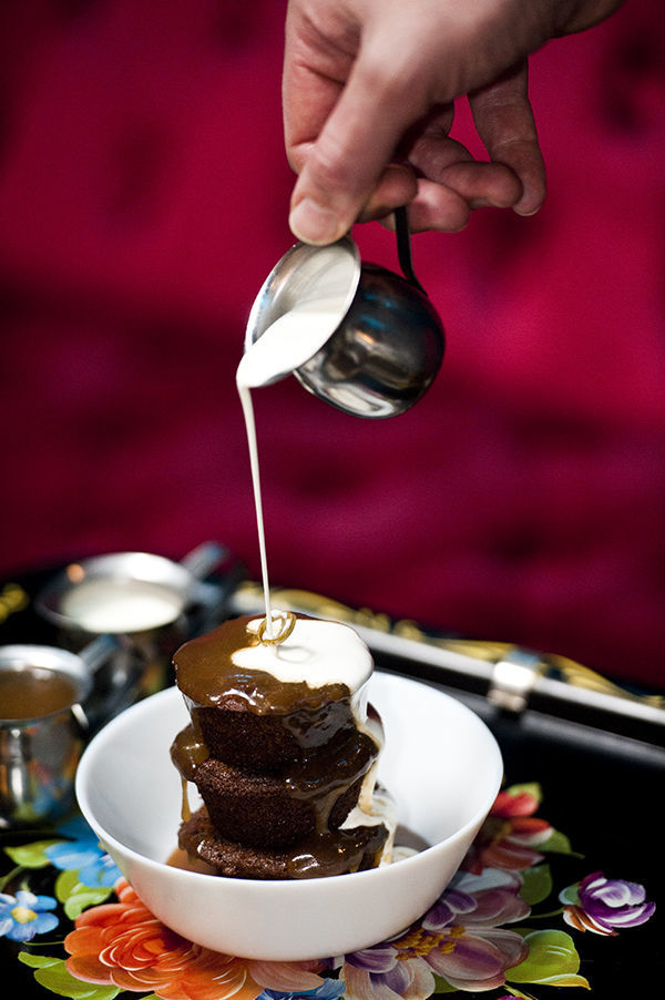 Toffee pudding with cream and caramel